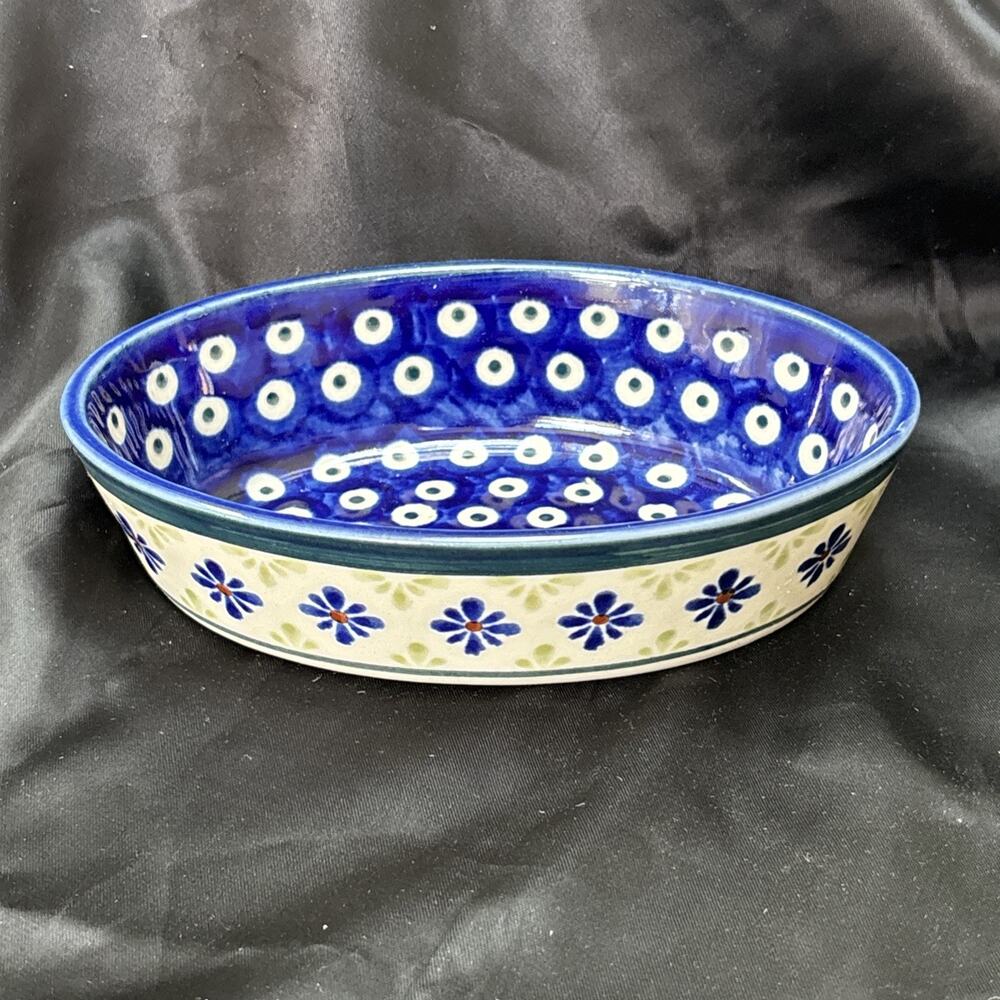BOLESLAWIEC Small Oval Dish Bowl Polish Bowl 6" X 4" X1/2" Handmade Cobalt Blue